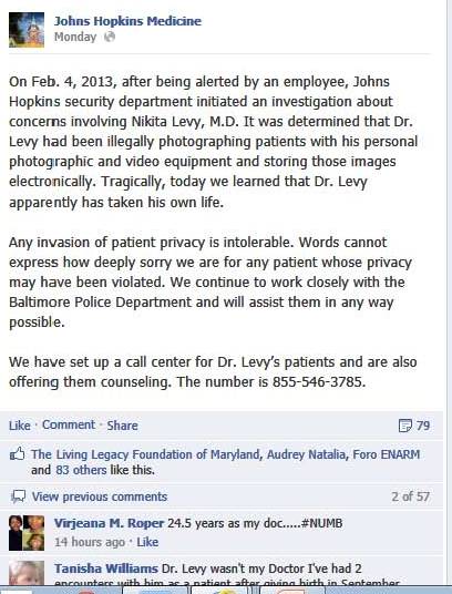 Johns Hopkins FB post